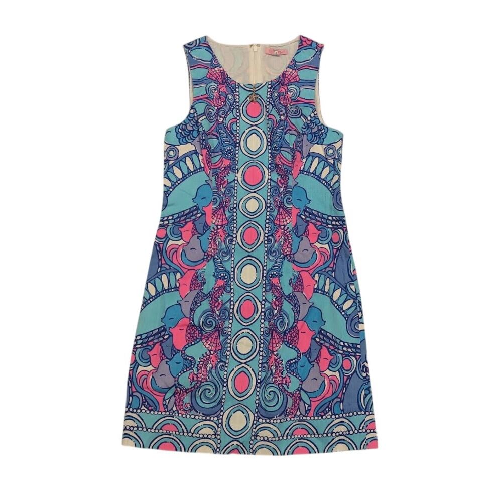 Lilly Pulitzer Abigail Zip Front Shift Dress sz 2 Sea Jewels Engineered Seahorse